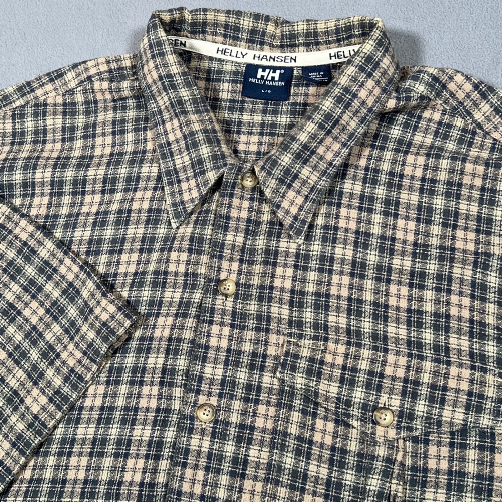 Vintage Helly Hansen Men Plaid Button Up Shirt Navy Tan L Textured Weave Outdoor